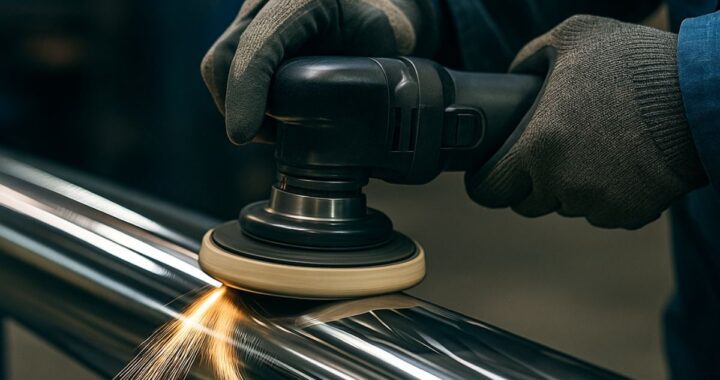 Worker polishing a stainless-steel tube with an orbital polisher, creating sparks in an industrial workshop