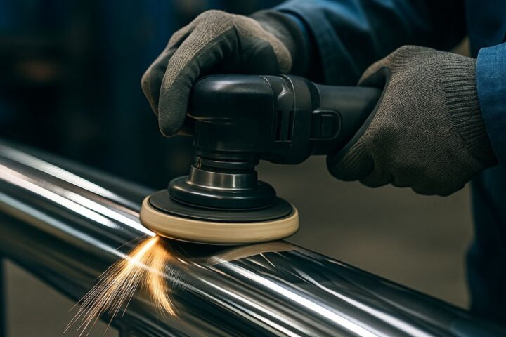 Worker polishing a stainless-steel tube with an orbital polisher, creating sparks in an industrial workshop