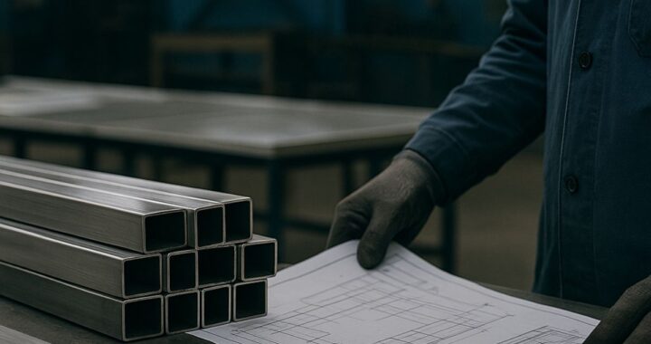 Fabricator reviewing technical drawings beside stacks of stainless steel tubes in a workshop