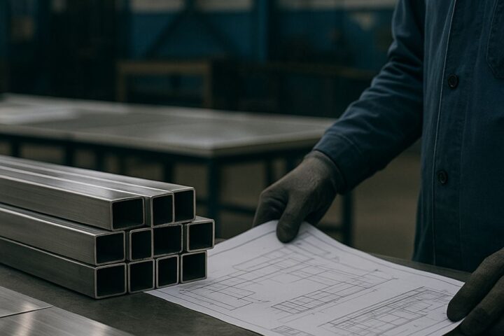 Fabricator reviewing technical drawings beside stacks of stainless steel tubes in a workshop