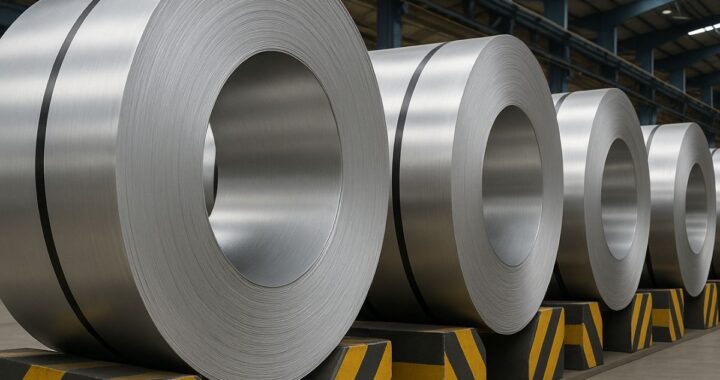 Large stainless steel coils neatly lined up in an industrial warehouse, resting on yellow-and-black supports.