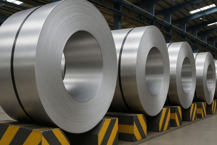 Large stainless steel coils neatly lined up in an industrial warehouse, resting on yellow-and-black supports.