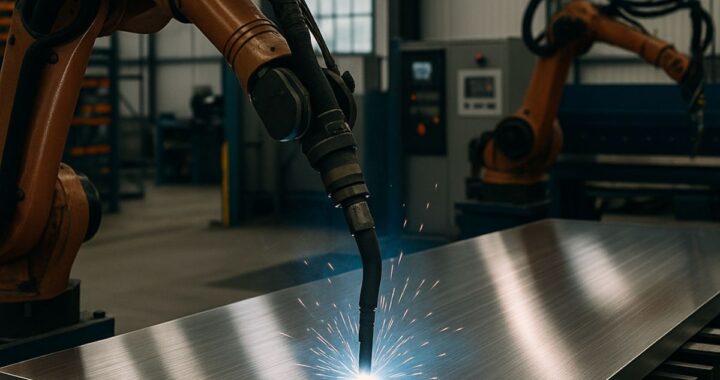 Robotic welding arm working on a stainless steel sheet in an automated fabrication facility.”