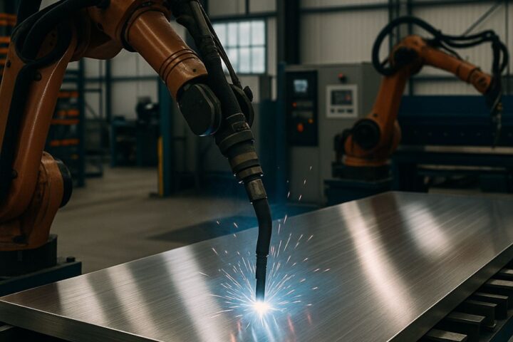 Robotic welding arm working on a stainless steel sheet in an automated fabrication facility.”