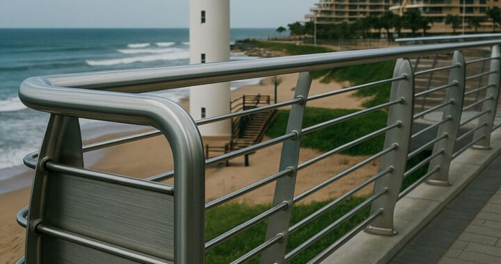 Stainless steel coastal railing overlooking a lighthouse, beach, and oceanfront buildings in South Africa.”