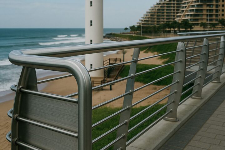 Stainless steel coastal railing overlooking a lighthouse, beach, and oceanfront buildings in South Africa.”
