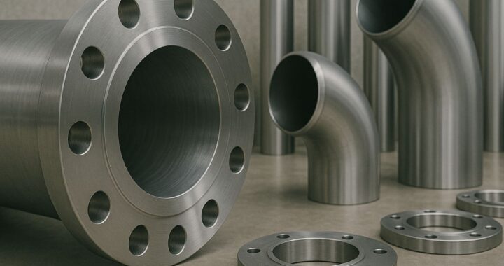 Stainless steel flanges, pipes, and elbows arranged in an industrial setting, showcasing components commonly used in petrochemical applications