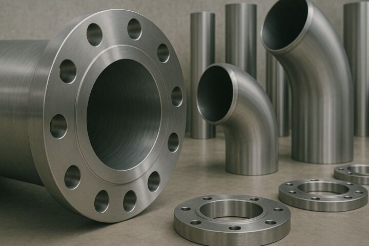 Stainless steel flanges, pipes, and elbows arranged in an industrial setting, showcasing components commonly used in petrochemical applications