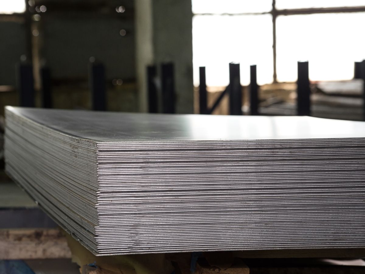 Stainless steel sheets stacked in stock at the NSSC facility